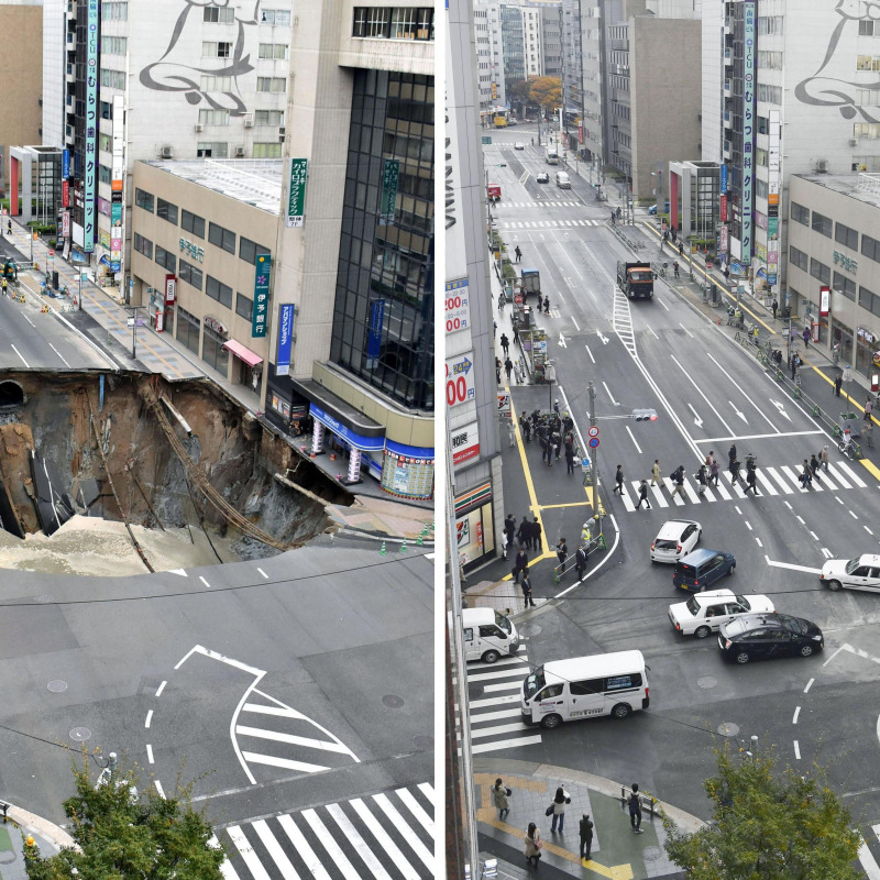 La strada nel cuore di Fukuoka prima e dopo il collasso