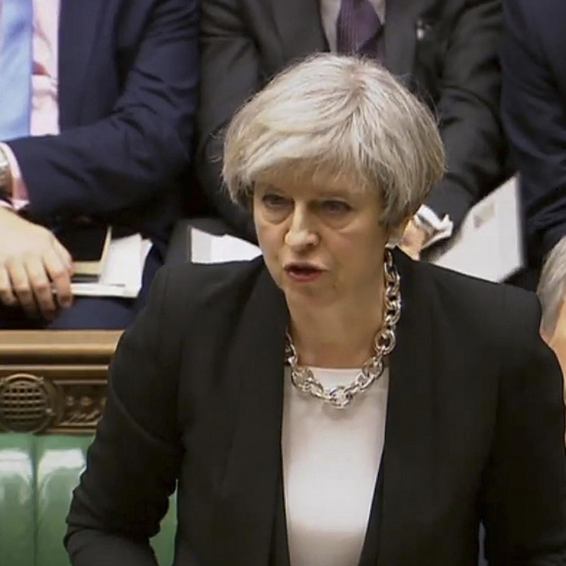 La premier Theresa May durante il discorso al Parlamento inglese dopo l'attacco a Londra - Ansa