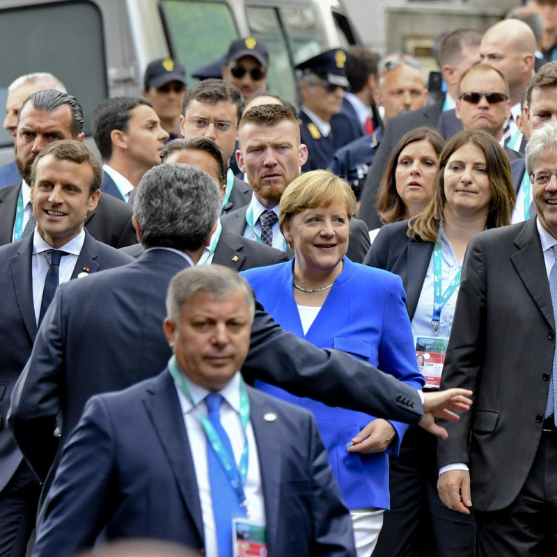 Macron, Merkel e Gentiloni a Taormina