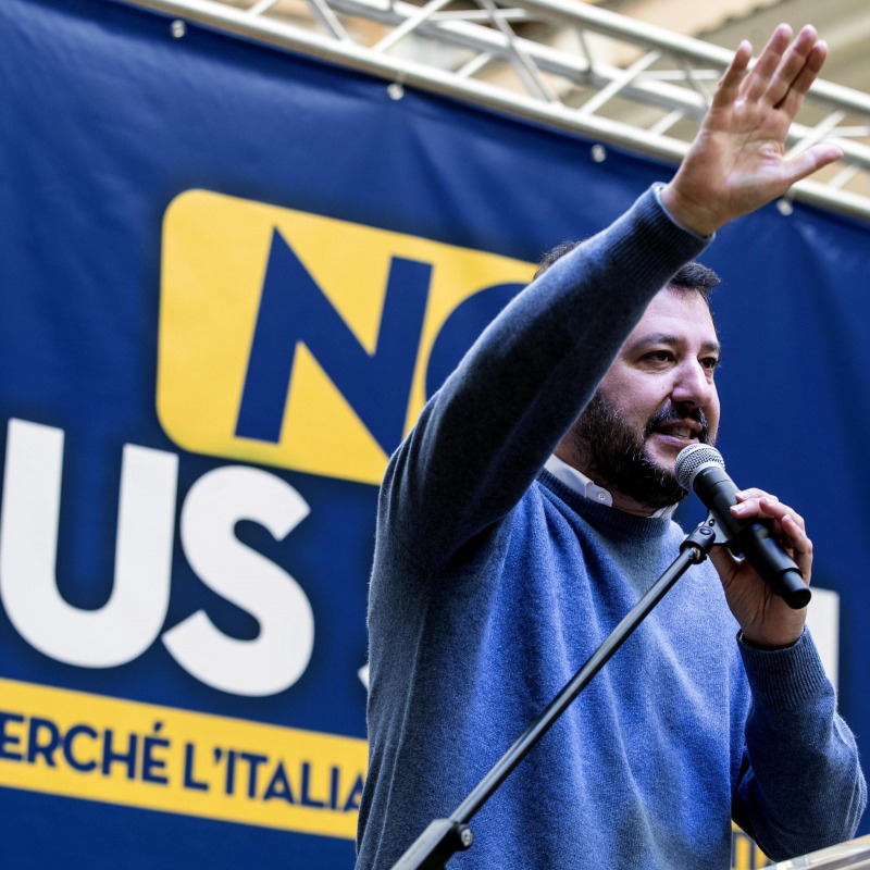 Il leader della Lega Matteo Salvini durante il comizio contro lo ius soli