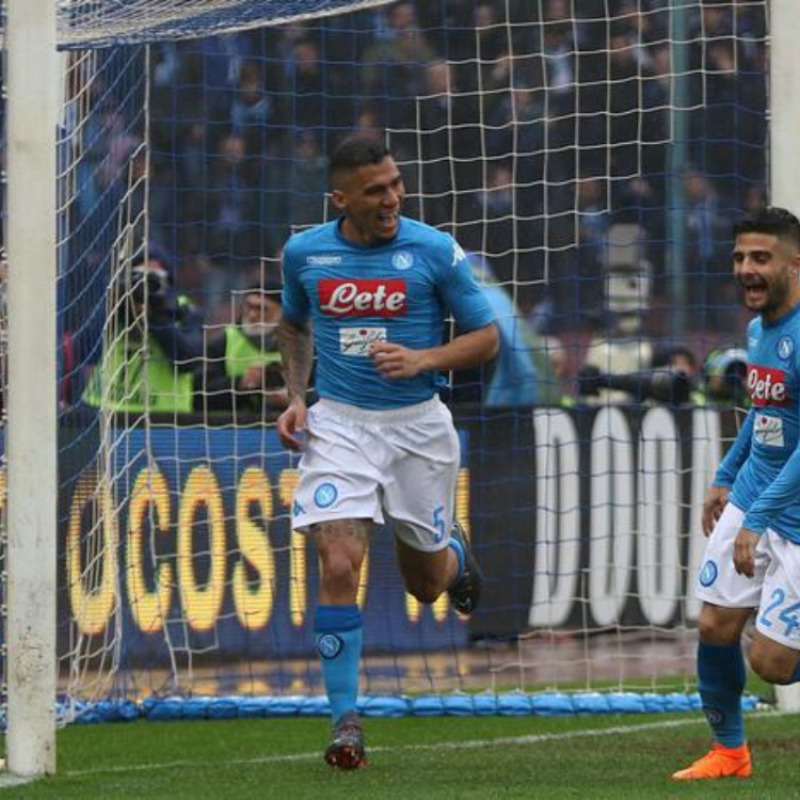 Napoli's midfielder Allan jubilates with his teammate after scoring the goal 1-0 during italian Serie A soccer match between SSC Napoli and SPAL at the San Paolo stadium in Naples, 18 February 2018.ANSA / CESARE ABBATE