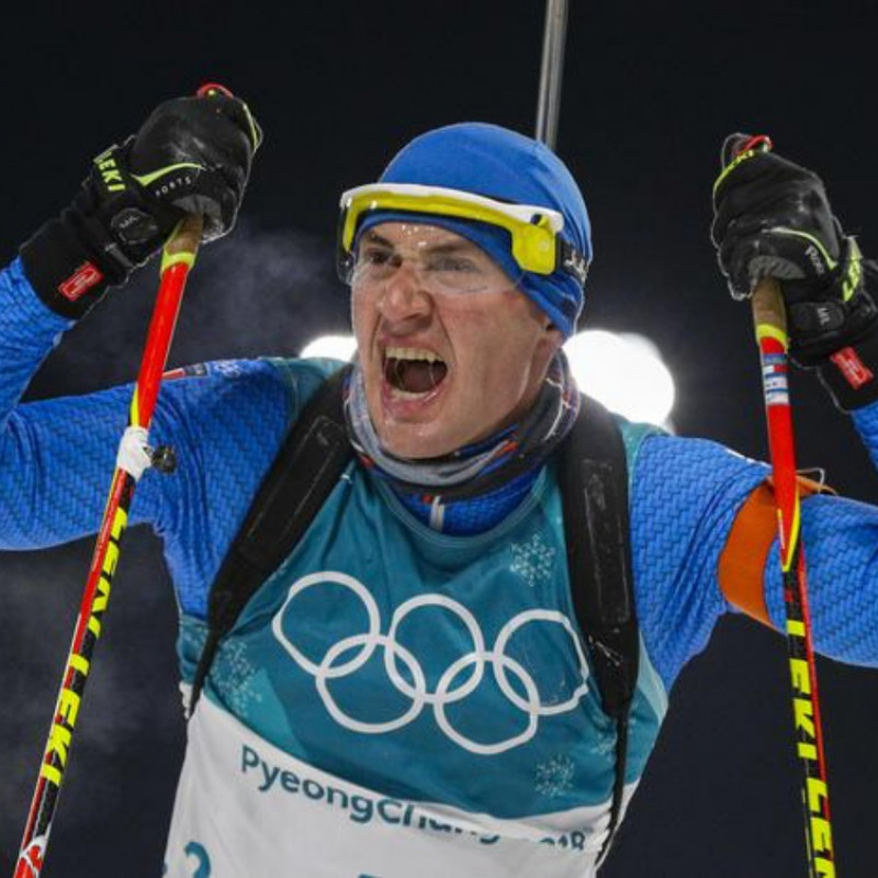 Bronze medalist Dominik Windisch, of Italy, reacts to his time in the finish area during the men's 10-kilometer biathlon sprint at the 2018 Winter Olympics in Pyeongchang, South Korea, Sunday, Feb. 11, 2018. (ANSA/AP Photo/Gregorio Borgia) [CopyrightNotice: Copyright 2018 The Associated Press. All rights reserved]