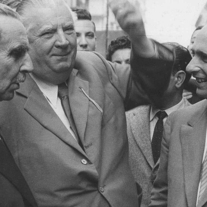 Vincenzo Florio con Alfred Neubauer e Juan Manuel Fangio