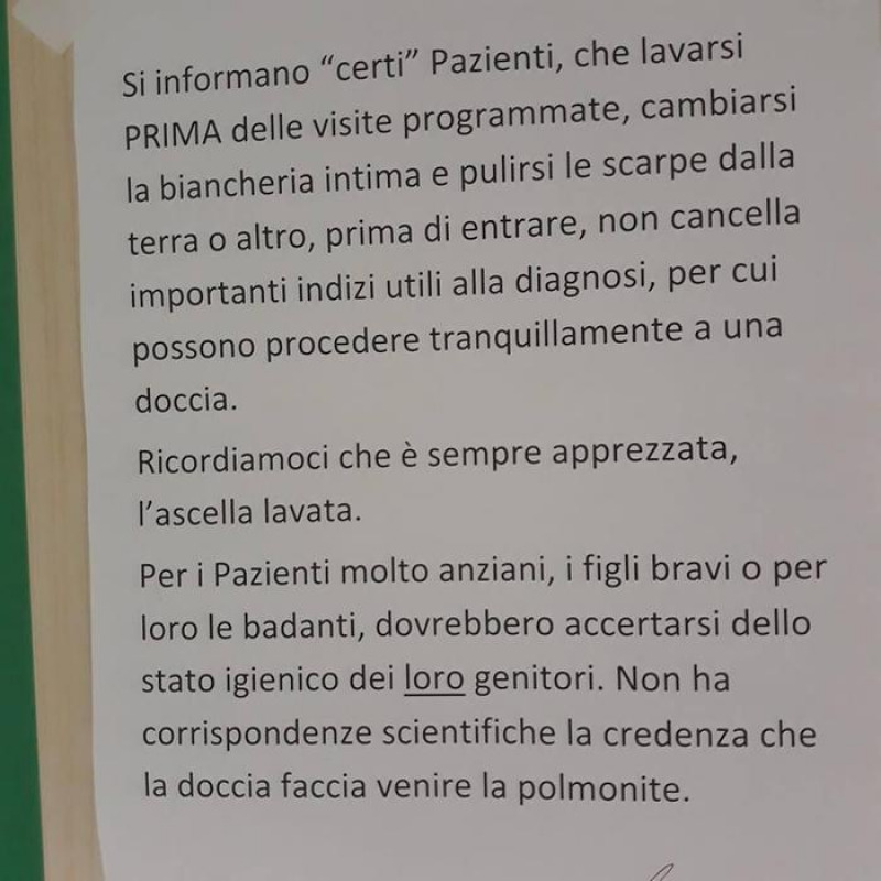 Primario avvisa pazienti, 'lavatevi prima delle visite'