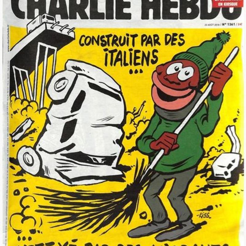 La vignetta di Charlie Hebdo sul crollo di Genova al centro delle polemiche - Foto Ansa
