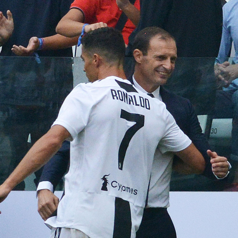 Juventus's Cristiano Ronaldo (R) jubilates with his mister after scoring the goal 1-0 during the Italian serie A soccer match Juventus FC vs U.S. Sassuolo at Allianz Stadium in Turin, Italy, 16 September 2018. ANSA/ANDREA DI MARCO