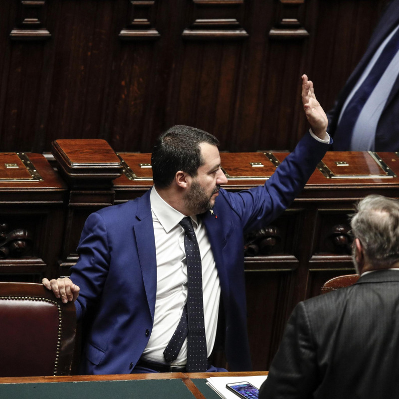 Il ministro dell'Interno Matteo Salvini alla Camera durante il voto fiducia sul decreto Sicurezza