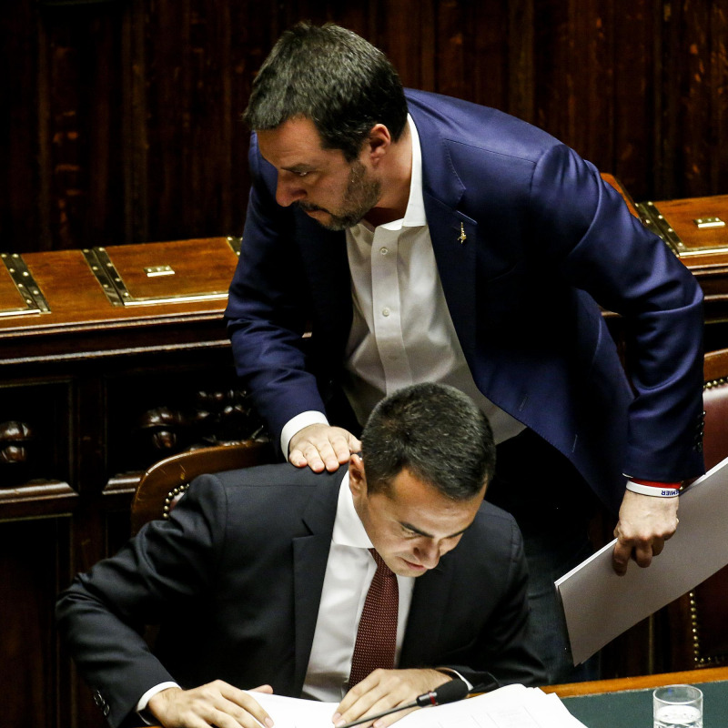 Luigi Di Maio (s), il presidente del Consiglio Giuseppe Conte e Matteo Salvini