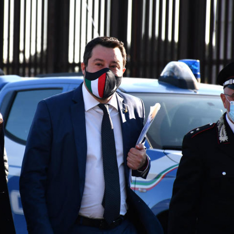 Leader of party of Lega Matteo Salvini on his arrival in the bunker of the prison of Bicocca for the preliminary hearing for the request for referral to trial that sees him charged for kidnapping for delays in the landing of 131 migrants from Gregoretti ship in Augustain July 2019 Catania, 19 February 2021. ANSA/ORIETTA SCARDINO