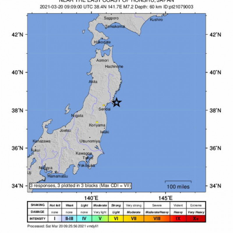 epa09085024 A handout intensity shakemap made available by the United States Geological Survey (USGS) shows the location of a 7.2-magnitude earthquake hitting 34 kilometres east of Ishinomaki, Japan, 20 March 2021. A tsunami warning was issued EPA/USGS HANDOUT HANDOUT EDITORIAL USE ONLY/NO SALES