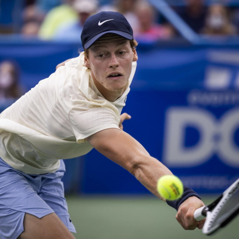 Jannik Sinner from Italy in action against Jenson Brooksby from the US during their semifinal men's singles match of the Citi Open ATP tennis tournament at the Rock Creek Park Tennis Center in Washington, DC, USA, 07 August 2021. EPA/JIM LO SCALZO