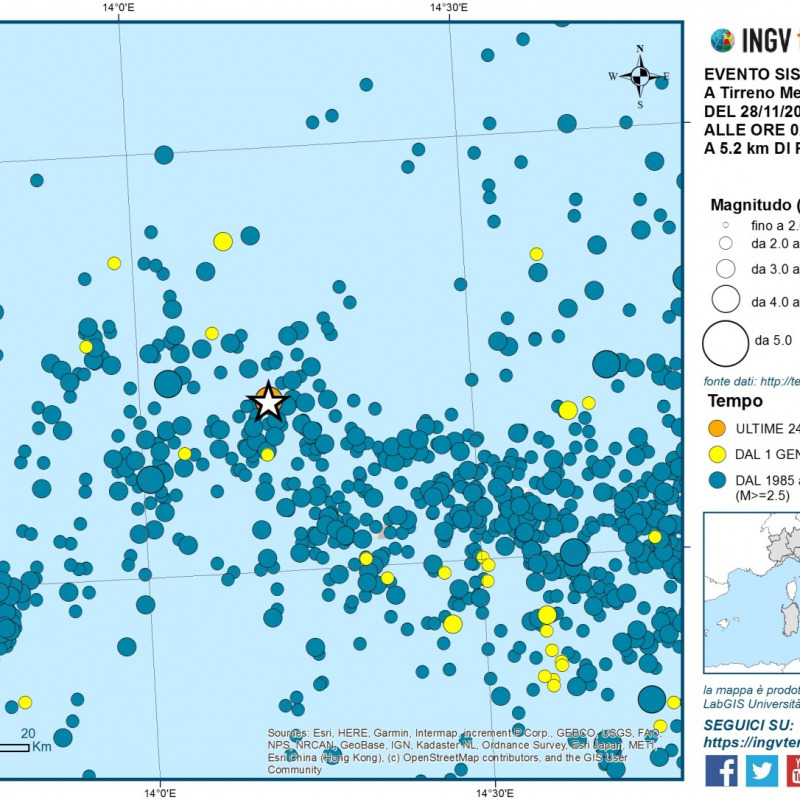 Mappa dell'epicentro del terremoto di magnitudo ML 4.3 localizzato nel Mar Tirreno meridionale sovrapposto alla sismicità dal 1985 ad oggi