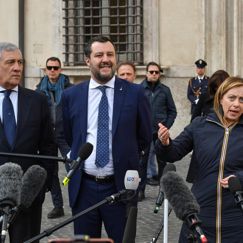 Da sinistra Antonio Tajani, Matteo Salvini e Giorgia Meloni