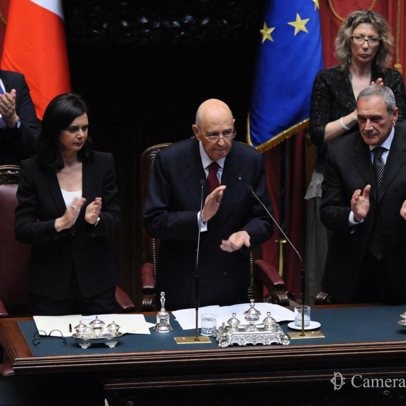 Sabato 20 aprile 2013: Giorgio Napolitano eletto per la seconda volta, qui tra i presidenti della Camera Laura Boldrini e del Senato Pietro Grasso