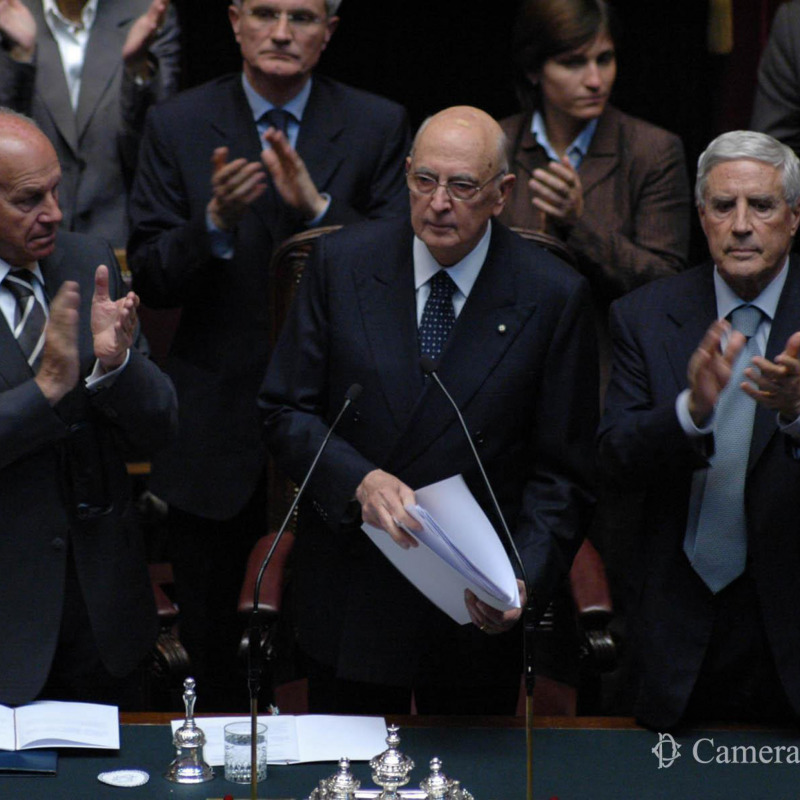 Mercoledì 10 maggio 2006: Giorgio Napolitano eletto presidente della Repubblica, qui tra i presidenti della Camera Bertinotti e del Senato Marini