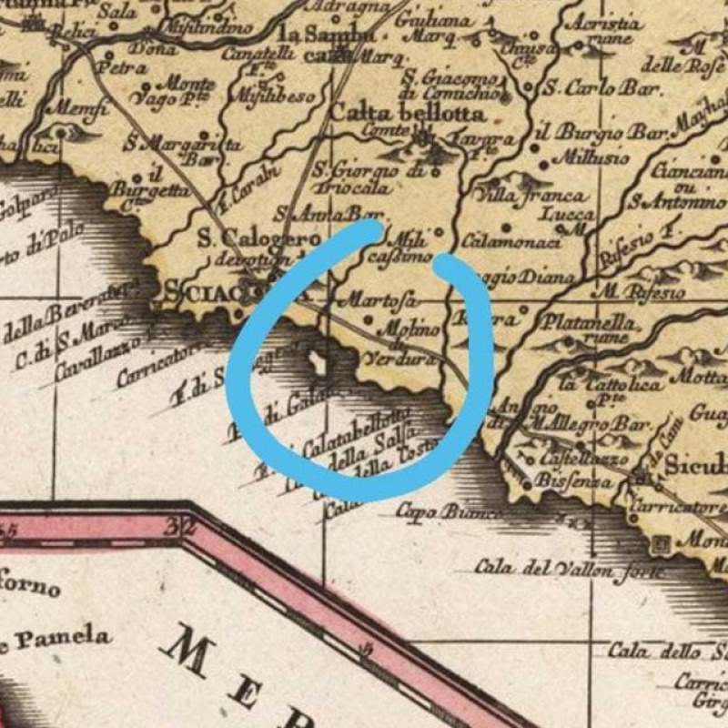 Nella vecchia mappa si vede l'isolotto di fronte alla spiaggia di San Giorgio, a Sciacca