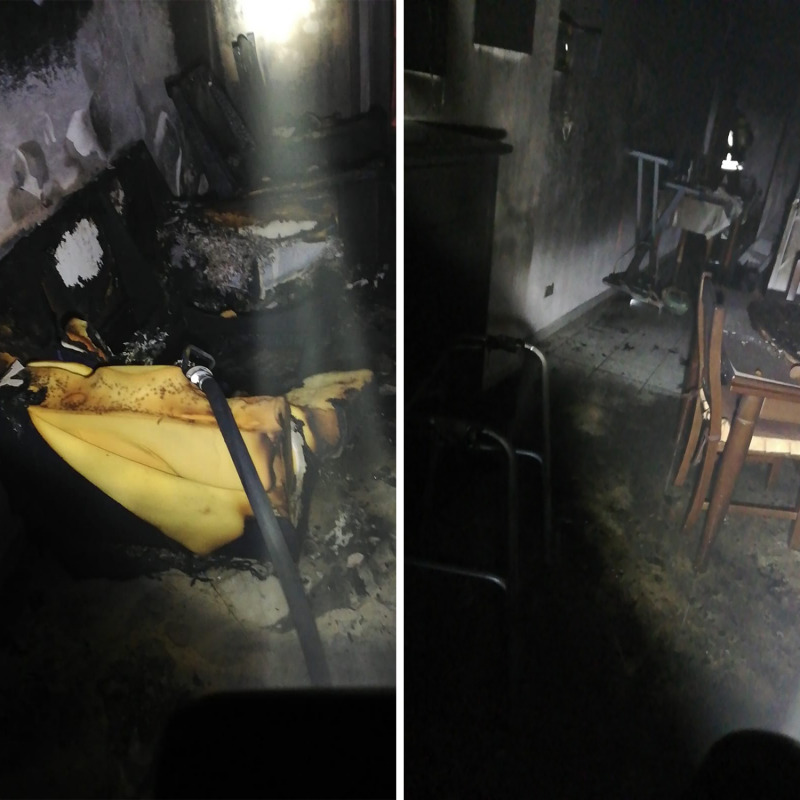 Due immagini della casa di Aragona dopo l'incendio