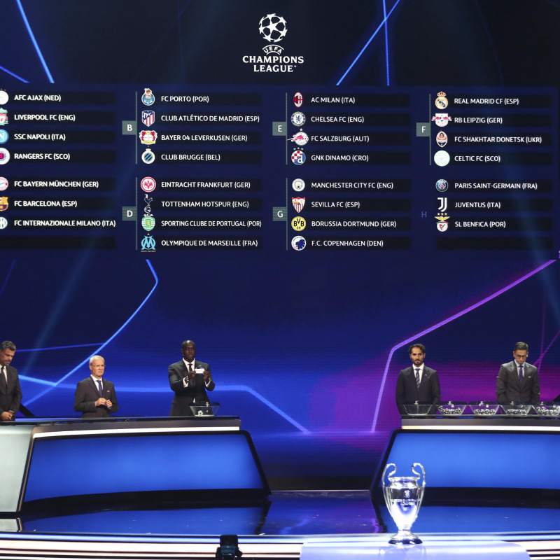 epa10138254 The groups are shown on an electronic panel during the UEFA Champions League group stage draw 2022/23 in Istanbul, Turkey, 25 August 2022. EPA/SEDAT SUNA