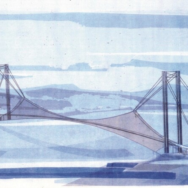 Sergio Musmeci , Concorso internazionale per il Ponte sullo Stretto di Messina, 1969, con Ludovico Quaroni. Archivio Musmeci. Collezione Maxxi Architettura