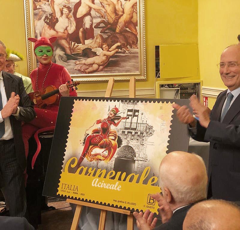 Schifani e Urso alla presentazione del francobollo del Carnevale di Acireale