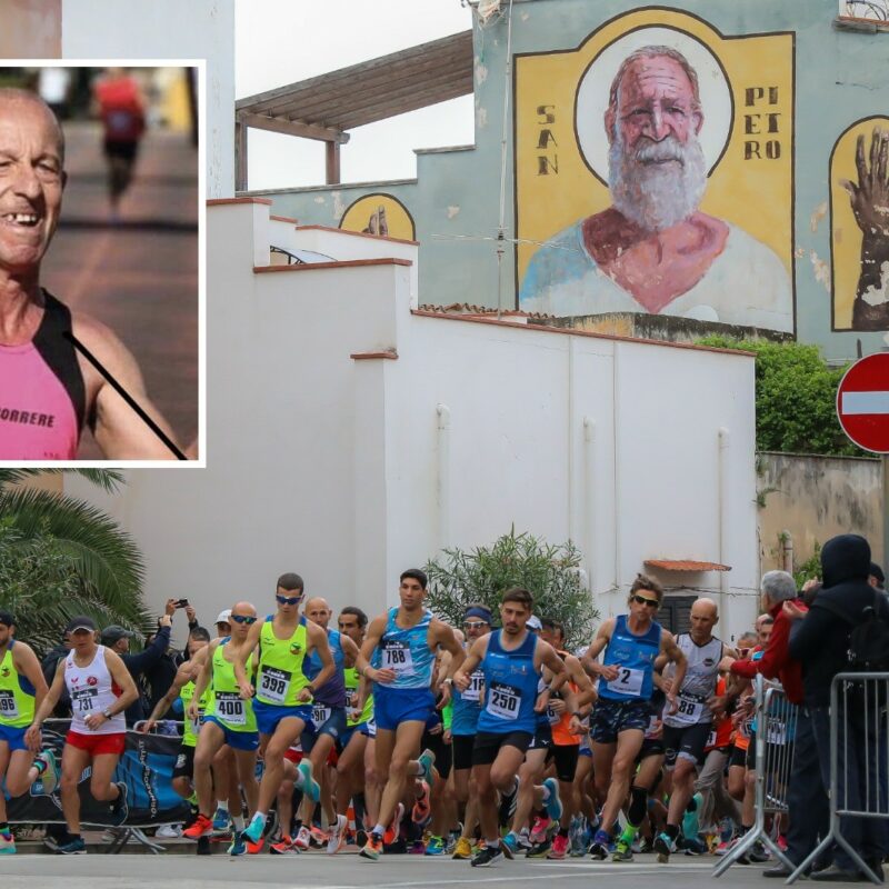 La partenza 2022 della maratonina e, nel riquadro, Angelo Falletta