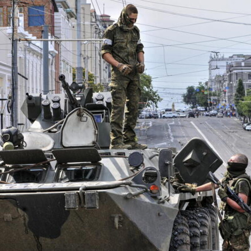 epaselect epa10709120 Servicemen from Private military company (PMC) Wagner Group block a street in downtown Rostov-on-Don, southern Russia, 24 June 2023. Security and armoured vehicles were deployed after private military company (PMC) Wagner Groups chief Yevgeny Prigozhin said in a video that his troops had occupied the building of the headquarters of the Southern Military District, demanding a meeting with Russias defense chiefs. EPA/ARKADY BUDNITSKY