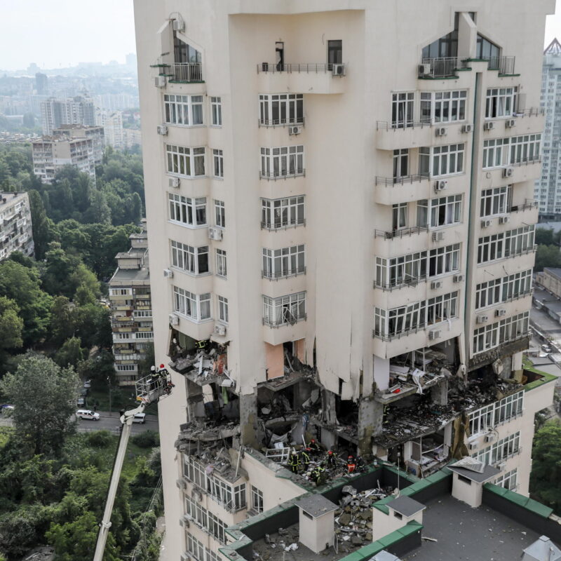 Rescue workers in action after an apartment block was damaged by rocket fragments in Kyiv (Kiev), Ukraine, 24 June 2023, amid the Russian invasion. At least three people were killed by rocket fragments hitting a high-rise building in the capitals Solomyan district, Kyiv Mayor Vitali Klitschko confirmed. According to the Ukrainian Air Force, Russia fired 41 missiles and one shock drone on Ukraine. All air targets were shot down. EPA/OLEG PETRASYUK
