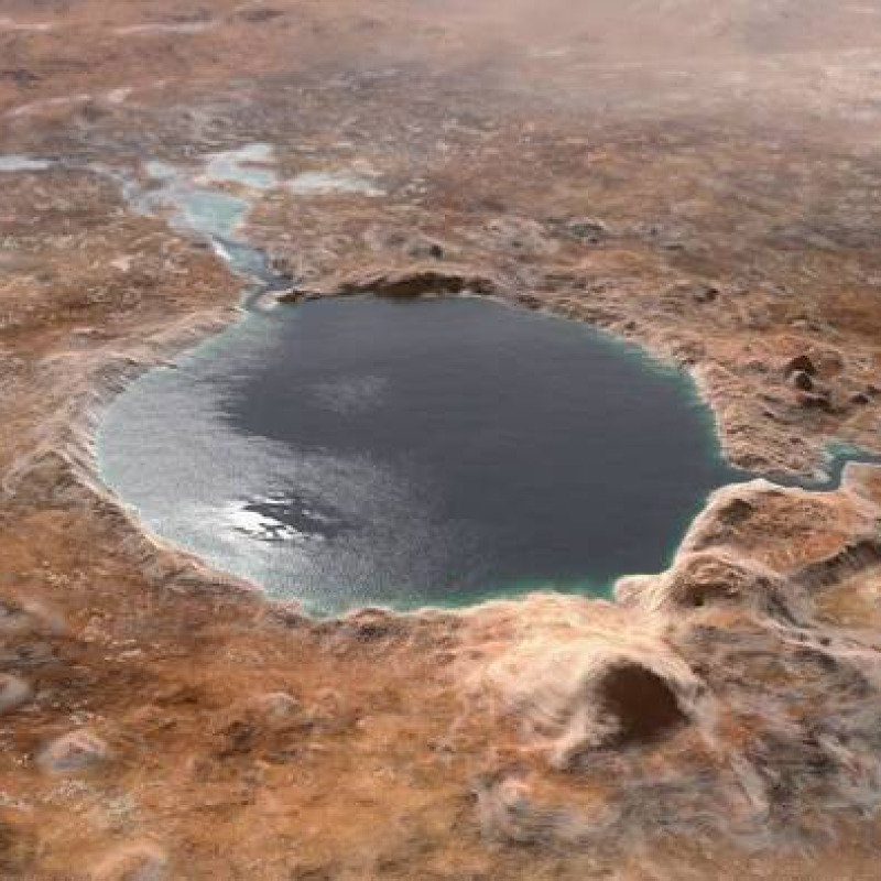 Rappresentazione artistica del cratere marziano Jezero nell'epoca in cui era un lago (fonte: NASA/JPL-Caltech)