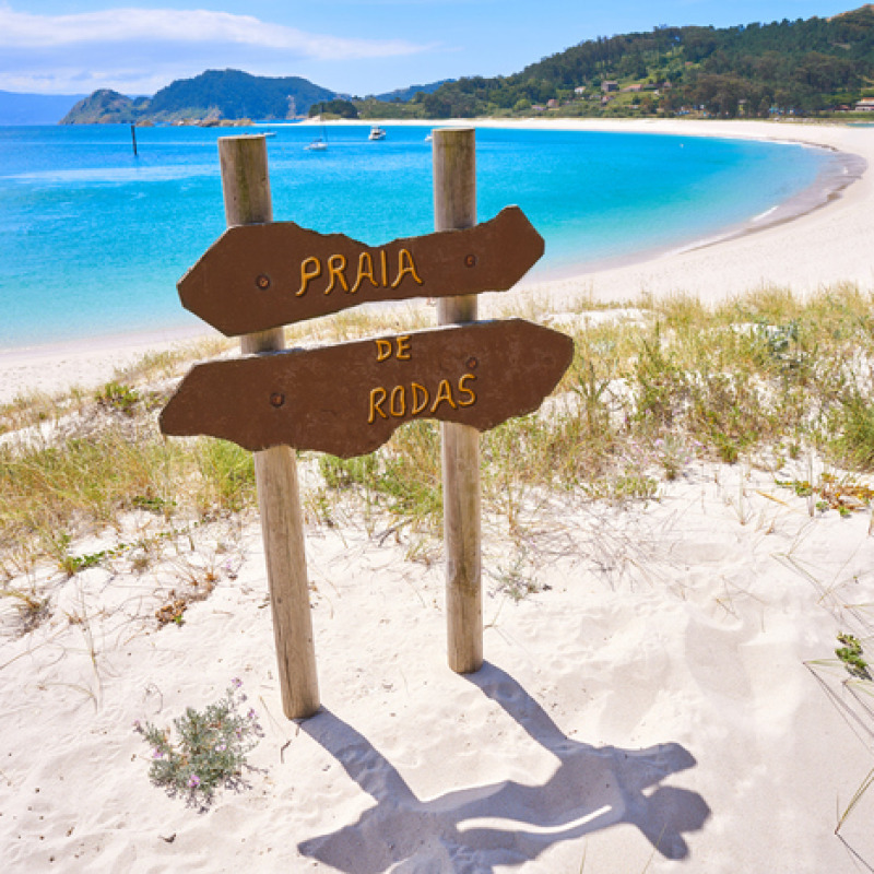 Praia de Rodas beach sign islas Cies island Vigo