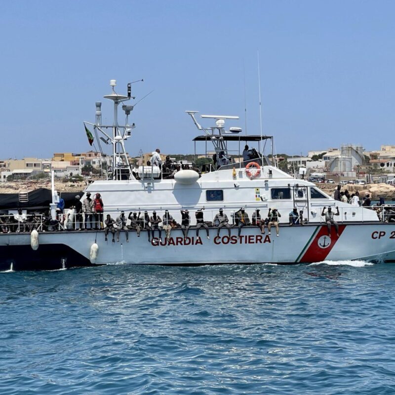 Boats of the Italian Guardia di Finanza and Coast Guard transfer the 696 migrants arrived in the night in Lampedusa, near Agrigento, Italy, 29 June 2023. At the hotspot of contrada Imbriacola, in Lampedusa, there are now 2.069 migrants. ANSA/ELIO DESIDERIO