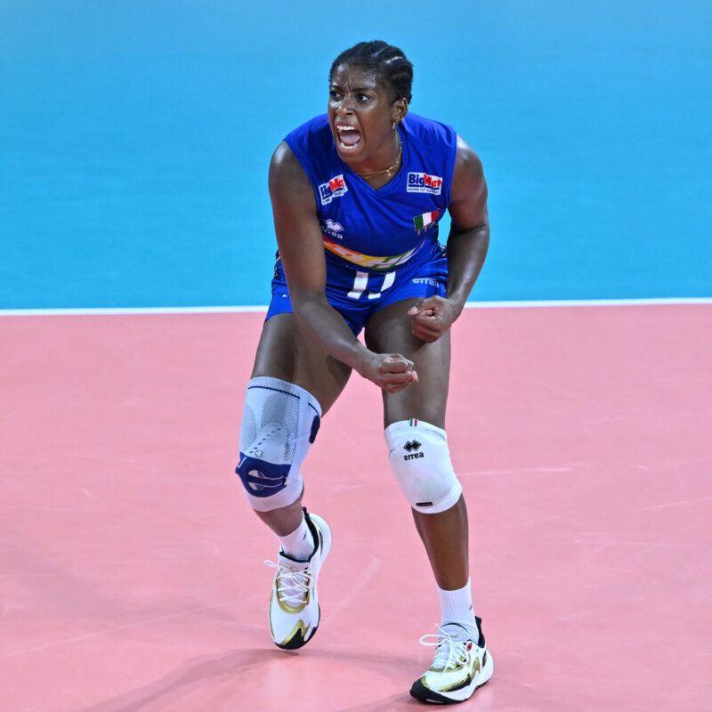 Myriam Fatime Sylla of Italy celebrates during the CEV EuroVolley 2023 match between Italy and France at the Palazzo Wanny in Florence, Italy, 29 August 2023.ANSA/CLAUDIO GIOVANNINI