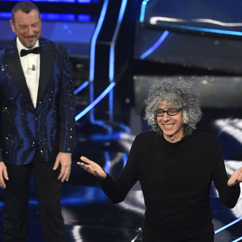 Italian music composer Giovanni Allevi (R) and Sanremo Festival host and artistic director Amadeus on stage at the Ariston theatre during the 74th Sanremo Italian Song Festival in Sanremo, Italy, 07 February 2024. The music festival runs from 06 to 10 February 2024. ANSA/RICCARDO ANTIMIANI