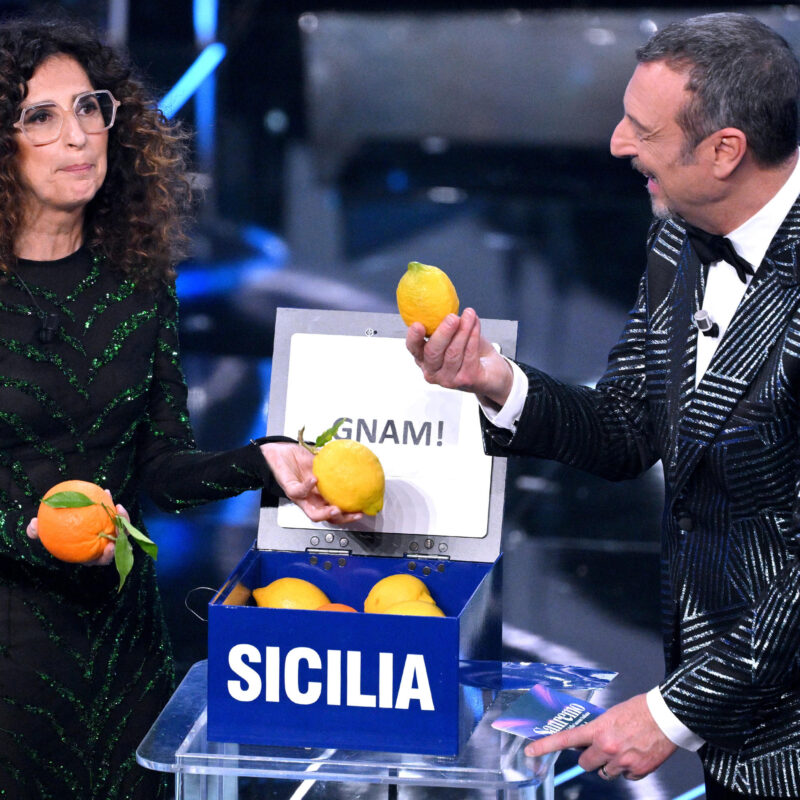 Sanremo Festival host and artistic director Amadeus (R) with Sanremo Festival co-host and Italian actress Teresa Mannino on stage at the Ariston theatre during the 74th Sanremo Italian Song Festival, in Sanremo, Italy, 08 February 2024. The music festival will run from 06 to 10 February 2024. ANSA/ETTORE FERRARI
