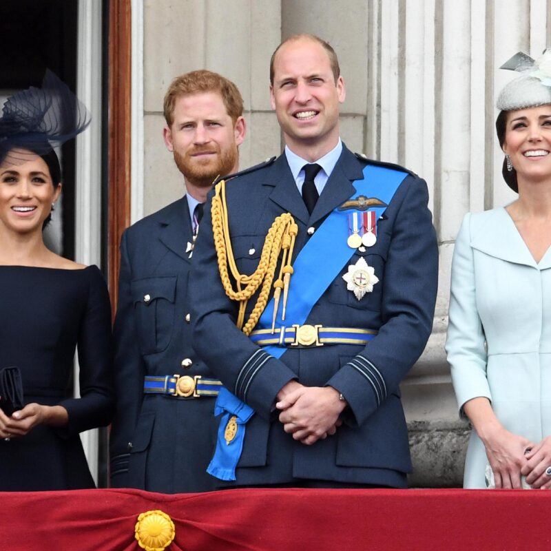 Prince William Duke of Cambridge (2-R), Catherine Duchess of Cambridge (R) Prince Harry the Duke of Sussex (2-L) and Meghan Duchess of Sussex (L) on the balcony of Buckingham Palace during the RAF100 parade celebrations in London, Britain 10 July 2018. One hundred days after the RAF's official 100th birthday on 01 April, the RAF will mark 100 years of operations today with a series of spectacular events in London. Over 1,000 RAF servicemen and women will perform a ceremonial parade, along with almost 300 personnel lining the route representing the diverse roles played within the RAF through the generations. There will also be a spectacular flypast of up to 100 aircraft over Buckingham Palace representing the RAF's history, its continued operational role in securing Britain's skies, and the future of air power. ANSA/STR UK AND IRELAND OUT SHUTTERSTOCK OUT