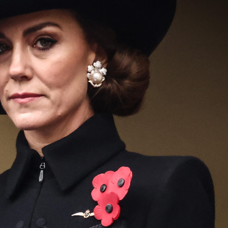 (FILES) Britain's Catherine, Princess of Wales reacts as she attends the Remembrance Sunday ceremony at the Cenotaph on Whitehall in central London, on November 12, 2023. Britain's Catherine announced cancer diagnosis on March 22, 2024. (Photo by HENRY NICHOLLS / POOL / AFP)