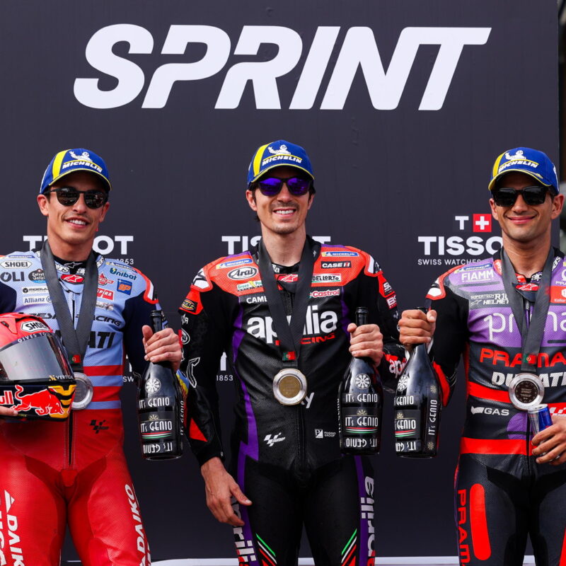 epa11239169 Spanish riders Maverick Vinales (C) of Aprilia Racing, Marc Marquez of Gresini Racing MotoGP, and Jorge Martin of Prima Pramac Racing celebrate during the podium ceremony after the sprint race of the Motorcycling Grand Prix of Portugal, in Portimao, Portugal, 23 March 2024. The 2024 Motorcycling Grand Prix of Portugal is held on 24 March. EPA/JOSE SENA GOULAO