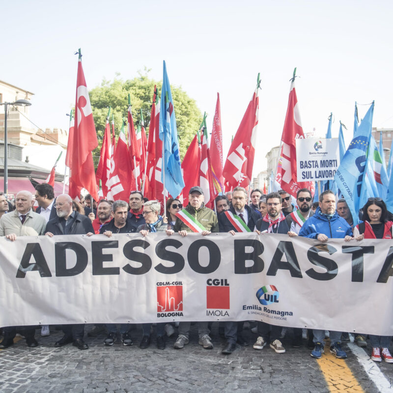 People attend a demonstration called following a general strike to say enough to the deaths at work after the Bargi power plant explosion, in Bologna, Italy, 11 April 2024. The strike proclaimed by the Italian General Confederation of Labour (CGIL) and Italian Labour Union (UIL) called for job security, for a fair tax reform and for a new social model of doing business. According to the Italian fire brigade (Corpo Nazionale dei Vigili del fuoco), at least three people died and four are still missing after an explosion at the hydroelectric power plant in Bargi that took place on 09 April. ANSA/MICHELE LAPINI