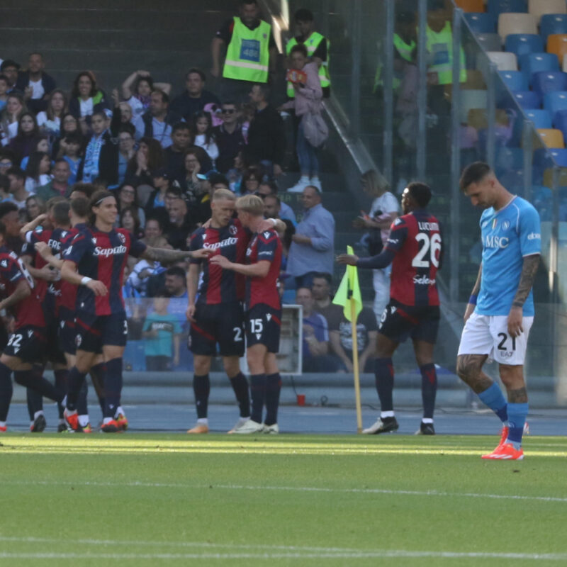 Bolognas defender Stefan Posch jubilates with his teammate after scoring the goal in action during the Italian Serie A soccer match between SSC Napoli and Bologna FC at ' Diego Armando Maradona' stadium in Naples , Italy, 11 May 2024. ANSA/CESARE ABBATE