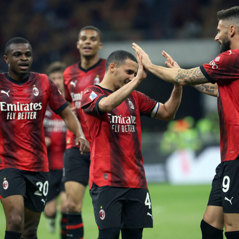 AC Milans Ismael Bennacer (C) jubilates with his teammates Olivier Giroud after scoring goal of 1 to 0 during the Italian serie A soccer match between AC Milan and Cagliari at Giuseppe Meazza stadium in Milan, 11 May 2024.ANSA / MATTEO BAZZI