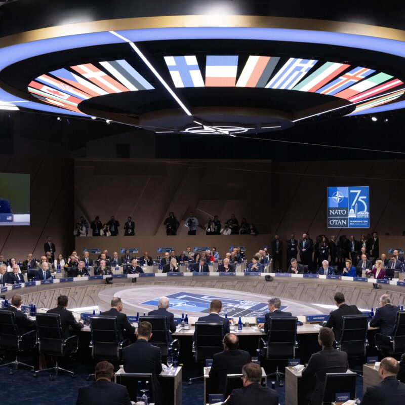 epaselect epa11470729 A general view of the room as US President Joe Biden (L) delivers remarks at the North Atlantic Council meeting, during the NATO Summit at Walter E. Washington Convention Center in Washington, DC, USA, 10 July 2024. The 75th Anniversary NATO Summit is taking place in Washington, DC, from 09 to 11 July 2024. EPA/MICHAEL REYNOLDS