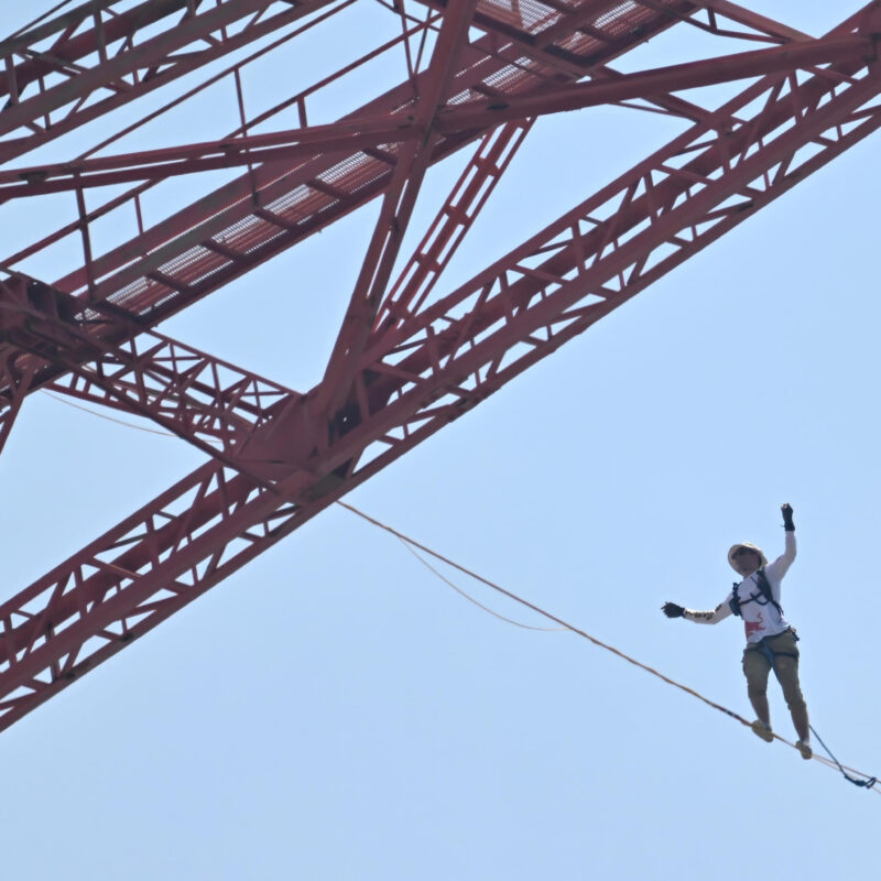 Jaan Roose: the Estonian Red Bull slacklinerset off from Villa San Giovanni to cross the Strait of Messina on a 1.9cm wide rope suspended 200 meters high in Villa San Giovanni, Southern Italy, 10 July 2024. Jaan Roose technically completed the crossing of the Strait of Messina on a rope, but his feat cannot be entered into the Guinness Book of Records..ANSA/CARMELO IMBESI