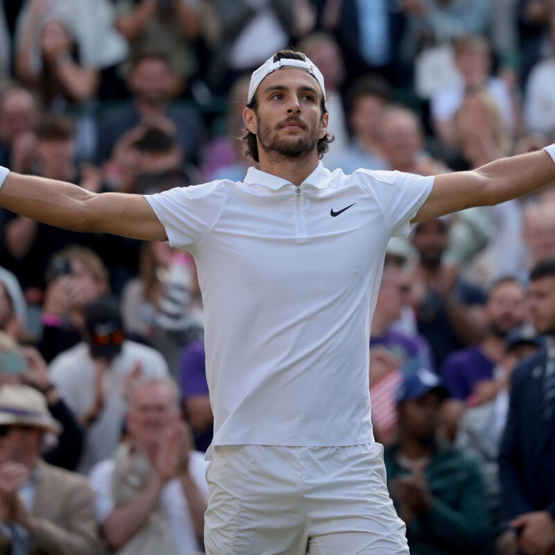 epa11470719 Lorenzo Musetti of Italy celebrates after winning the Men's quarterfinal match against Taylor Fritz of the USA at the Wimbledon Championships, Wimbledon, Britain, 10 July 2024. Musetti won in five sets. EPA/TIM IRELAND EDITORIAL USE ONLY