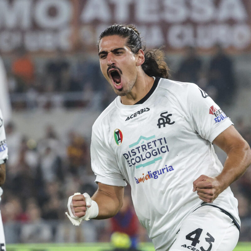 Spezia's Dimitrios Nikolaou celebrates after scoring the goal 0-1 during the Italian Serie A soccer match between AS Roma vs ASC Spezia at the Olimpico stadium in Rome, Italy, 4 June 2023. ANSA/GIUSEPPE LAMI