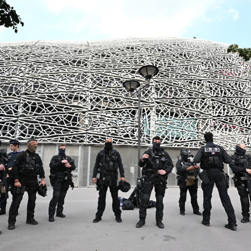 epa11494643 Counter terrorism personnel stand in front of Stade Jean Bouin stadium ahead of the men's group D soccer match between Israel and Mali at the 2024 Paris Olympic Games, in Paris, France, 24 July 2024. EPA/DAVE HUNT AUSTRALIA AND NEW ZEALAND OUT