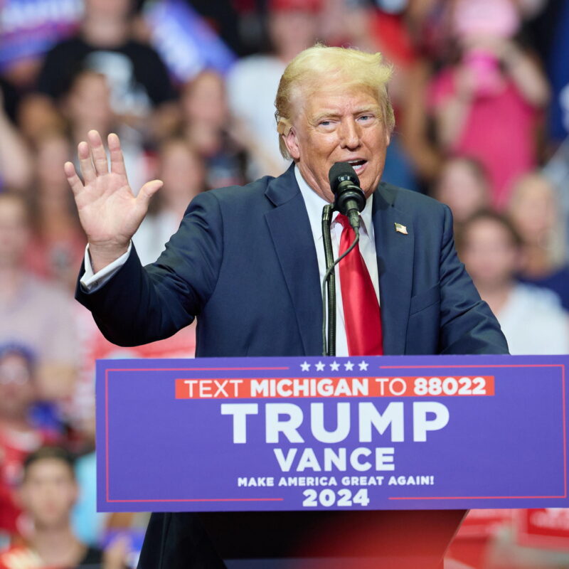 Republican presidential nominee Donald J. Trump speaks at his first joint rally with Republican vice presidential nominee Senator JD Vance at Van Andel Arena in Grand Rapids, Michigan, USA, 20 July 2024. ANSA/ALLISON DINNER