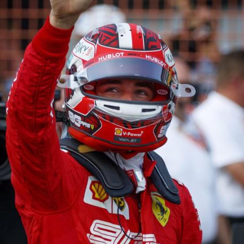 epa07807277 Monaco's Formula One driver Charles Leclerc of Scuderia Ferrari reacts after he took pole position during the qualifying session at the Spa-Francorchamps race track in Stavelot, Belgium, 31 August 2019. The 2019 Formula One Grand Prix of Belgium will take place on 01 September. EPA/VALDRIN XHEMAJ