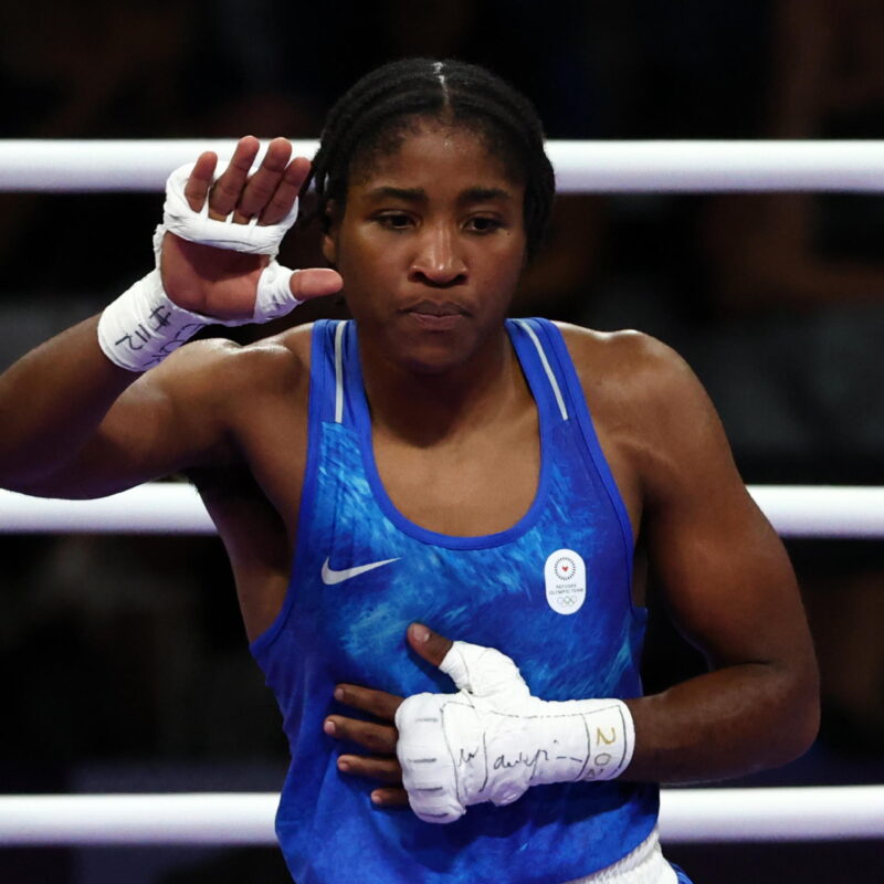 epa11512658 Cindy Winner Djankeu Ngamba of the Olympic Refugee Team celebrates winning her women's 75kg round of 16 bout of the Boxing competitions in the Paris 2024 Olympic Games, at the North Paris Arena in Villepinte, France, 31 July 2024. EPA/DIVYAKANT SOLANKI