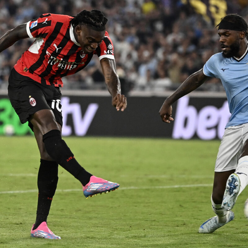 MilanÕs Rafael Leao scores a goal for Milan during the Serie A soccer match between SS Lazio and AC Milan at the Olimpico stadium in Rome, Italy, 31 August 2024. ANSA/RICCARDO ANTIMIANI