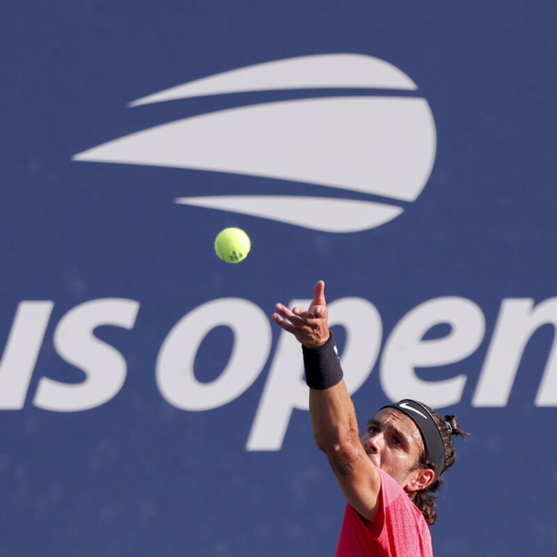 epa11570257 Lorenzo Musetti of Italy in action against Miomir Kecmanovic of Serbia (unseen) during their second round match of the US Open Tennis Championships at the USTA Billie Jean King National Tennis Center in Flushing Meadows, New York, USA, 28 August 2024. The US Open tournament runs from 26 August through 08 September. EPA/SARAH YENESEL