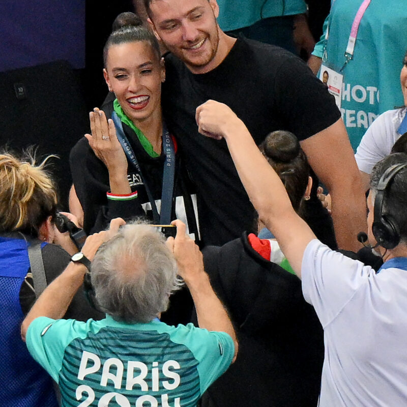 Alessia Maurelli (L) received a marriage proposal from her boyfriend Massimo Bertelloni, after winning the bronze medal in the Group All-Around Final of the Rhythmic Gymnastics competitions in the Paris 2024 Olympic Games, at the La Chapelle Arena in Paris, France, 10 August 2024. ANSA/ETTORE FERRARI